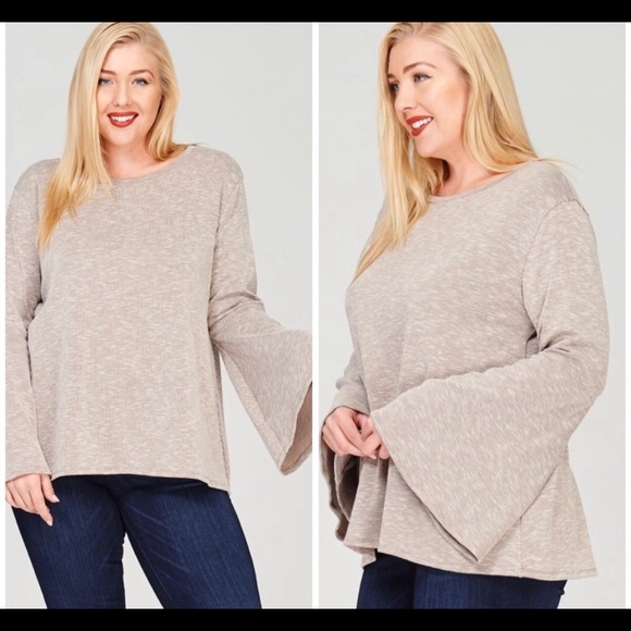 Private Label Tops - New! Plus Size Oatmeal Ribbed Knit Bell Sleeve Top